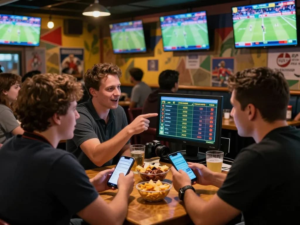 Engaging sports betting scene with patrons excitedly discussing odds and using MB66 mobile app at a vibrant sports bar.