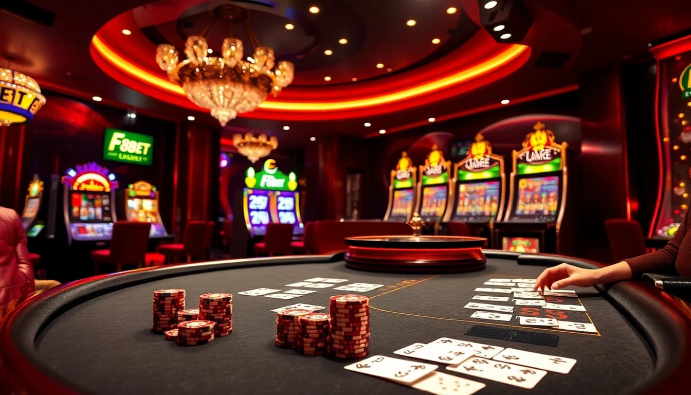 Gambling at F8BET with luxurious casino tables, vibrant lights, and exciting gameplay.