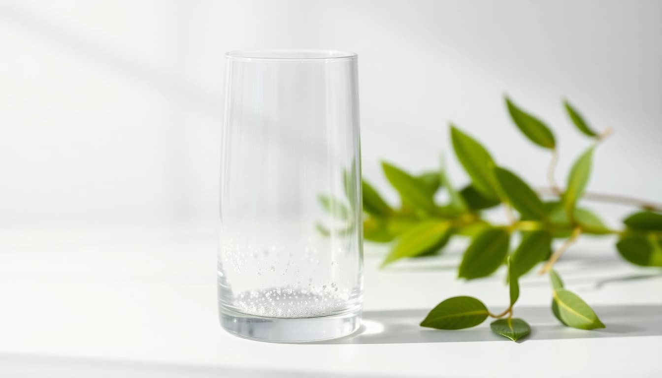 Kolloidales Silber in einer eleganten Glasflasche, umgeben von frischen Blättern auf einem weißen Tisch.