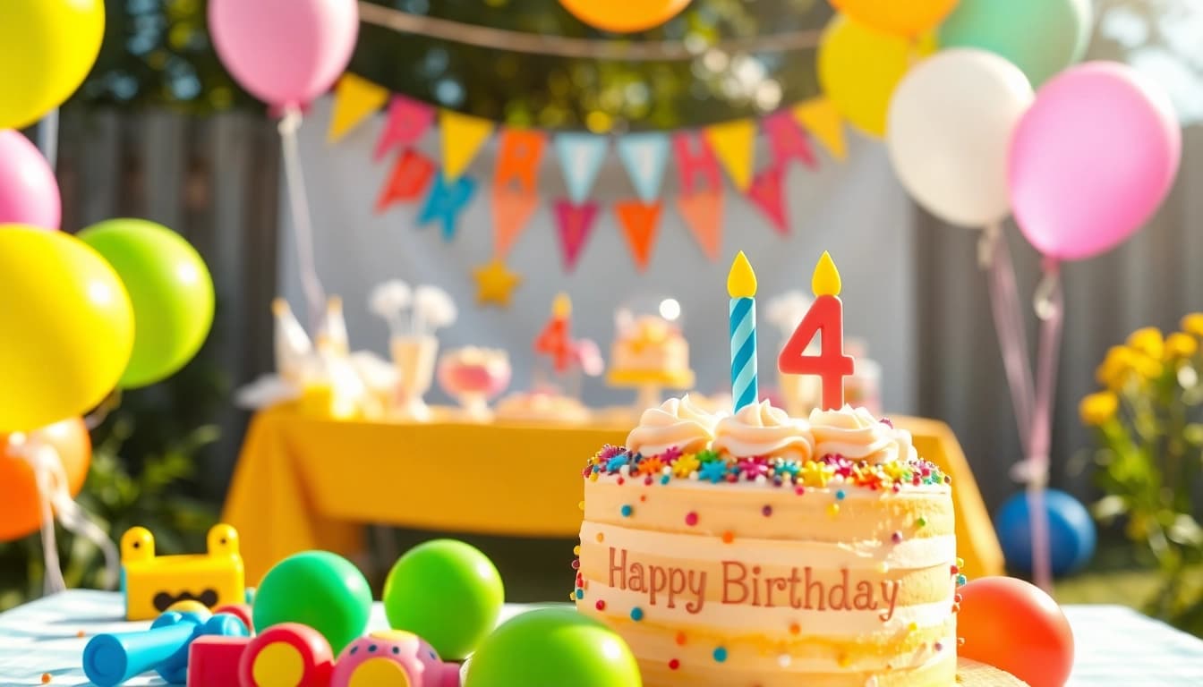 Ein fröhliches Kindergeburtstag 4 Jahre Fest mit bunten Ballons und einer Torte.