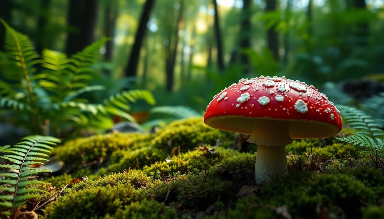 Fliegenpilz bestellen über einen lebendigen roten Fliegenpilz in einem Wald mit grünen Farnen.