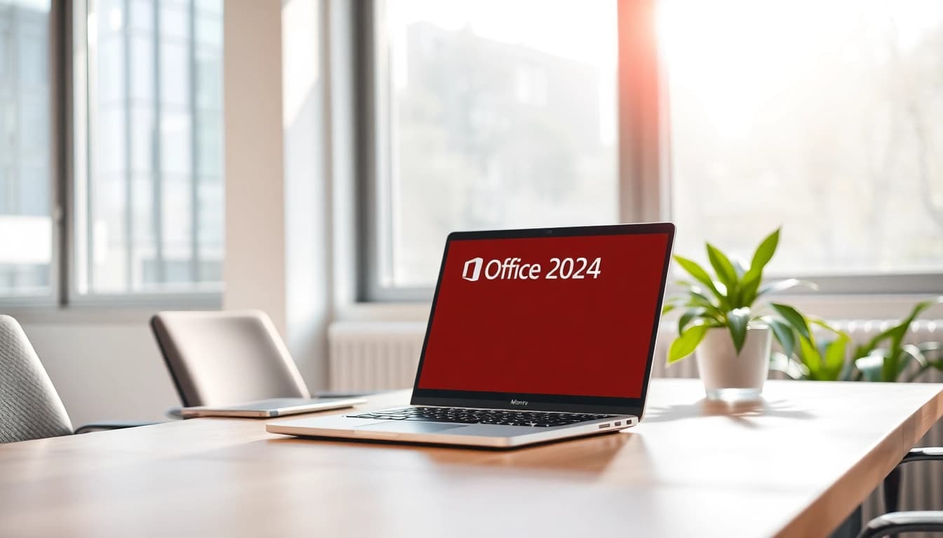 Microsoft Office 2024 Dauerlizenz für PC sichtbar auf einem eleganten Laptop in einer modernen und einladenden Büroarbeitsumgebung.