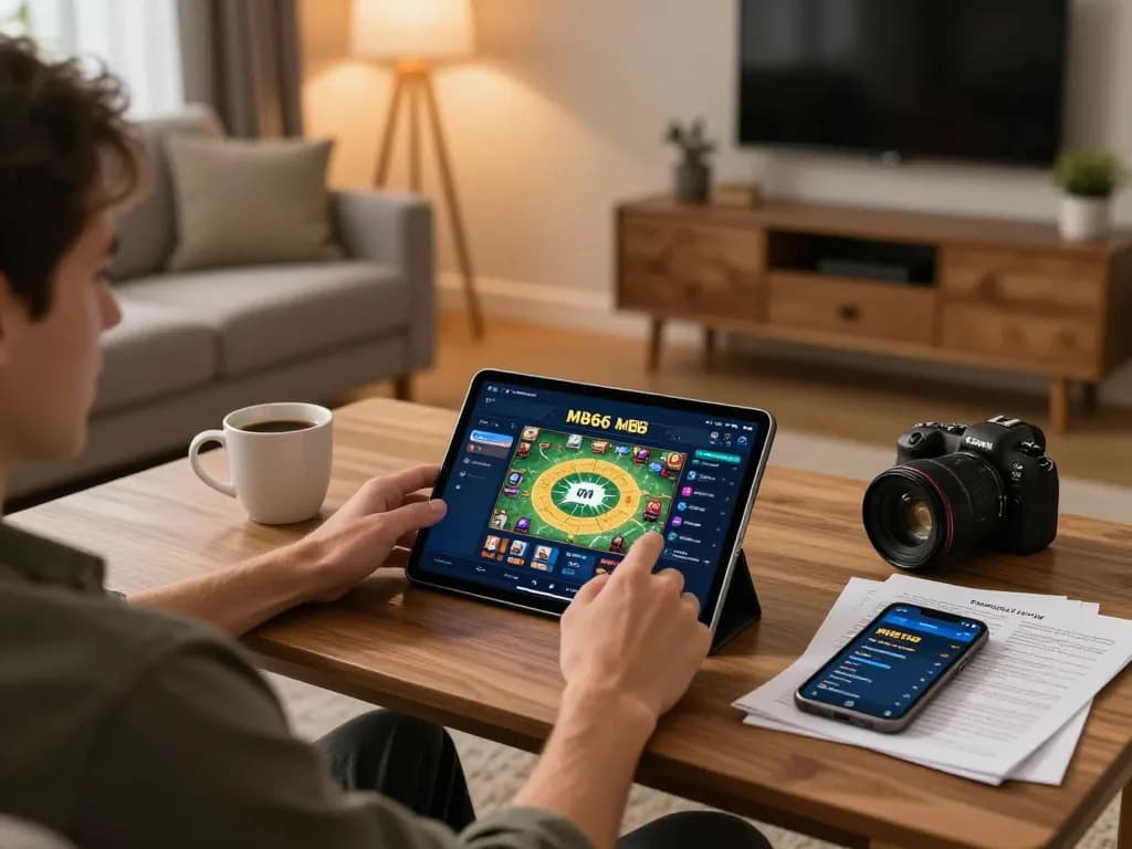 Player engaging with the MB66 app in a cozy home gaming setup, focused on strategic gameplay and betting.