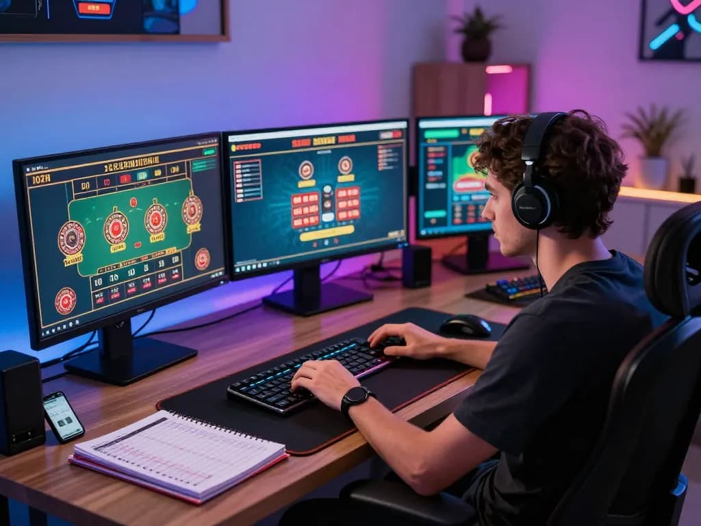 Engaged player at an advanced gaming setup enhancing strategies for winning at BL555 online games.