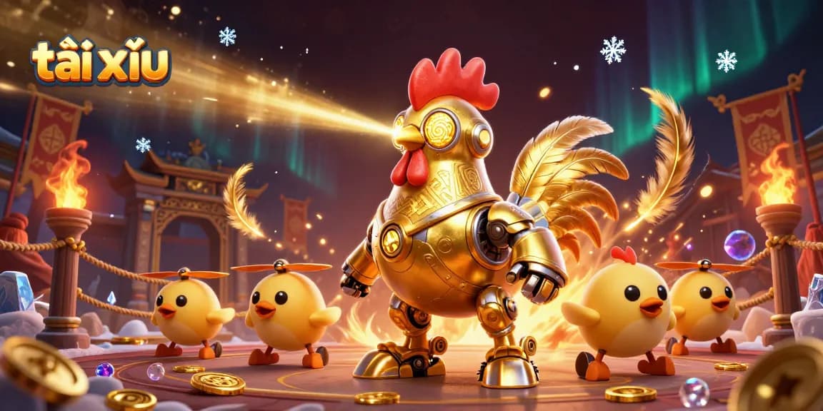 Win big in tài xỉu with a dynamic scene featuring futuristic characters and gold coins.