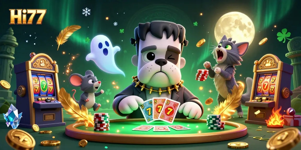 Experience thrilling play with Hi77 featuring unique characters in a dynamic casino scene.