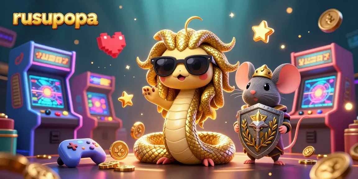 Join the fun at rusupopa with Medusa and a warrior mouse in this vibrant casino scene filled with arcade games.