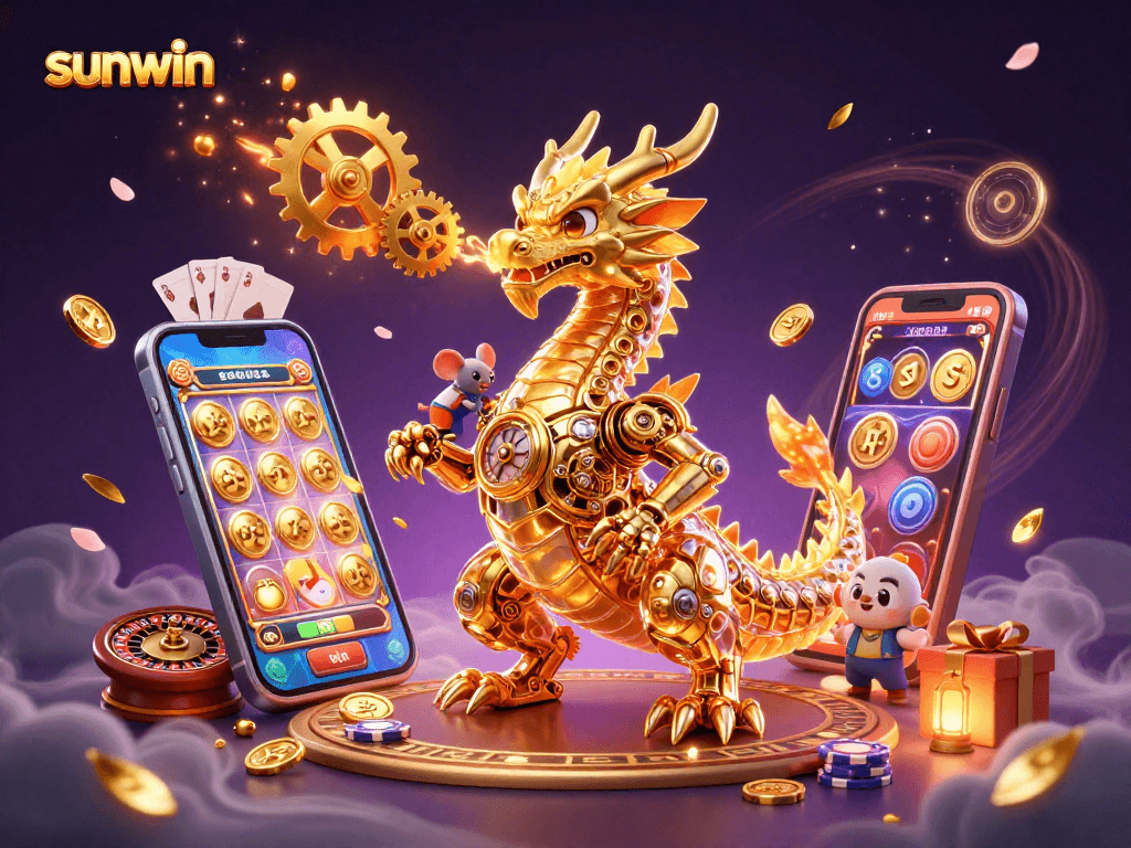 Experience the excitement of sunwin as the golden dragon breathes gears amidst classic casino games.