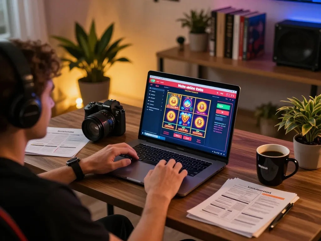 Engaging in online gaming at Man 88 using a laptop in a cozy home setting