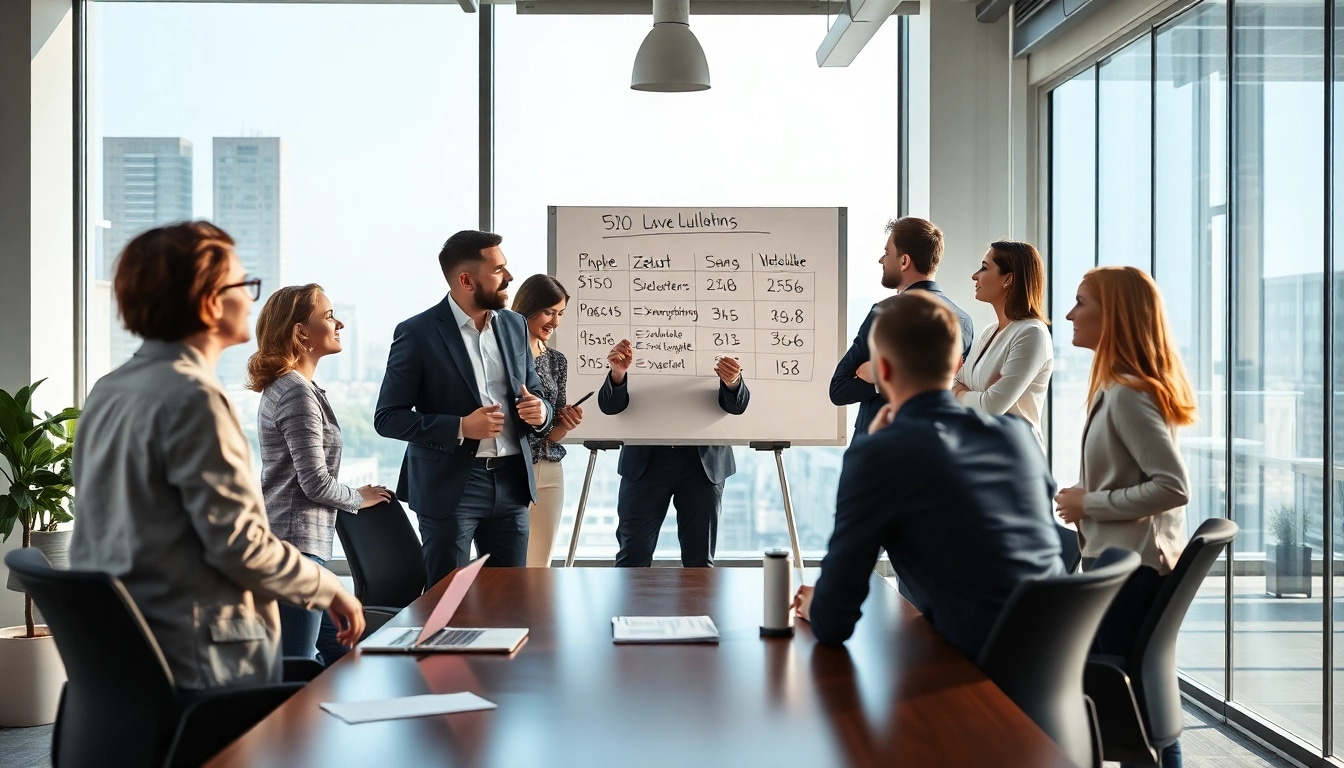 Aktives Vertriebsteam diskutiert Strategien mit einem Headhunter für Vertrieb im modernen Büro.