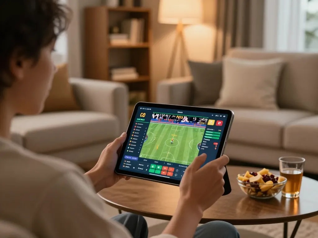 Engaging moment with a user utilizing kèo nhà cái for live sports betting on a tablet in a cozy home setting