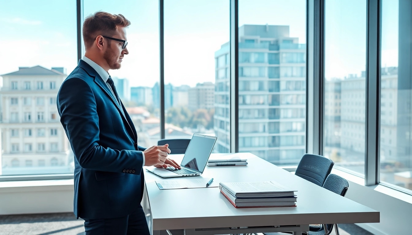 Headhunter Saarbrücken in einem modernen Büro während der Arbeit, umgeben von Akten und einem Laptop.