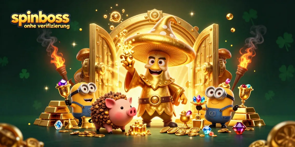 Spiele Spinboss ohne Verifizierung mit einem goldenen Zauberer und schimmernden Schätzen.
