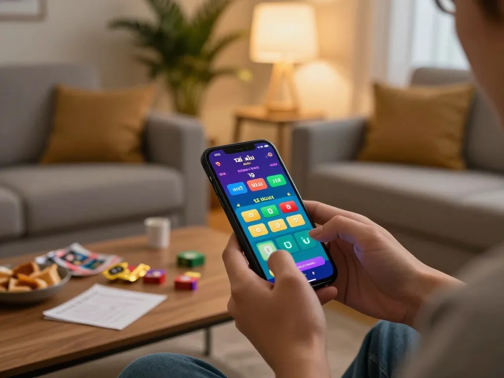 Engaging in game tài xỉu using smartphone in a cozy home setting with ambient lighting