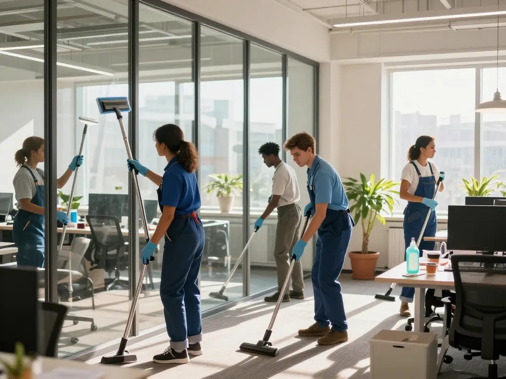 Professionelles Team bei der Gebäudereinigung in Münster, das tadellose Reinigungstechniken in einem modernen Büro präsentiert.