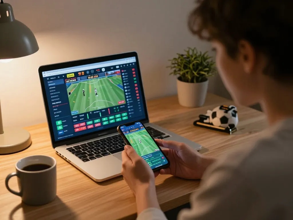 Engaging in online betting on fabet with a smartphone and laptop in a cozy home setup.