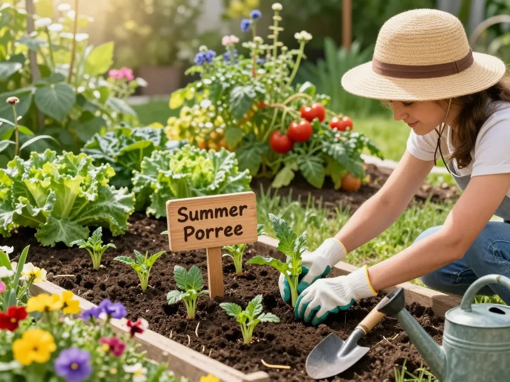 Gardener planting summer porree seedlings in lush garden, showcasing vibrant vegetables and flowers.