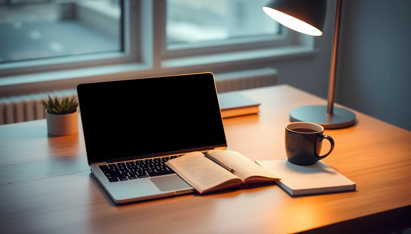 Online Ratgeber zur effektiven Nutzung digitaler Ressourcen auf einem modernen Schreibtisch.