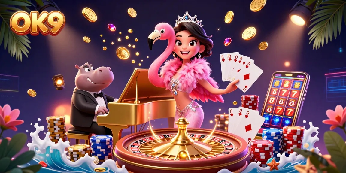 Spin winning reels at OK9, where vibrant casino excitement meets lavish 3D illustration.