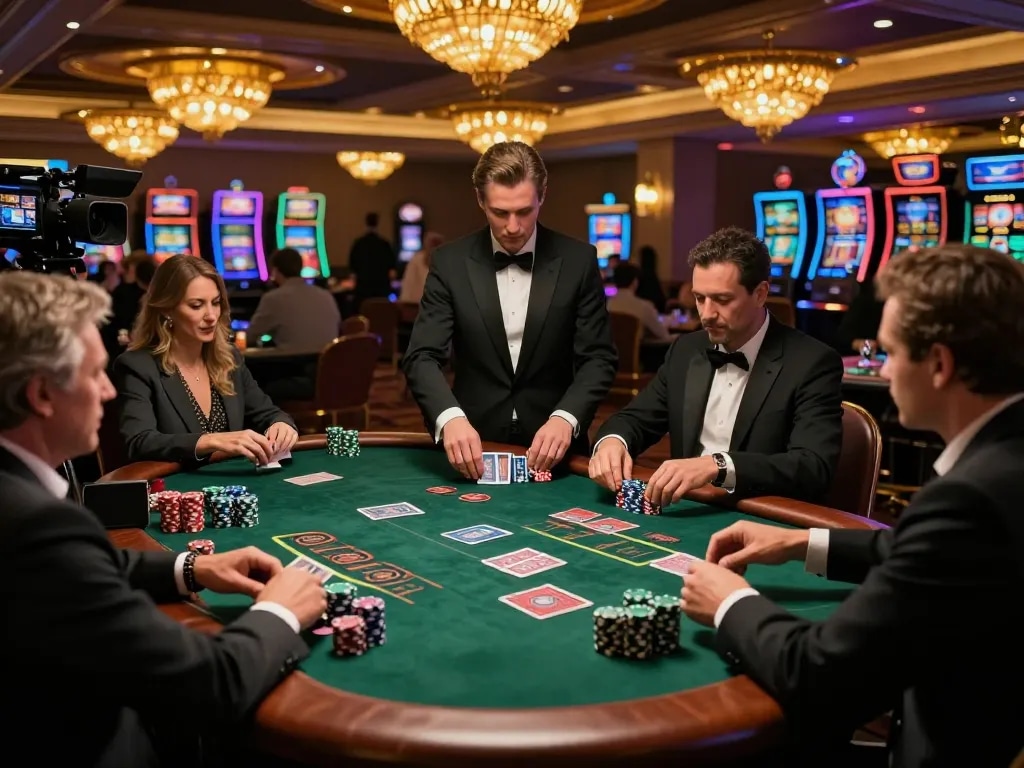 Players at https://va88.uno/ engaging in an intense blackjack game at a luxurious casino.