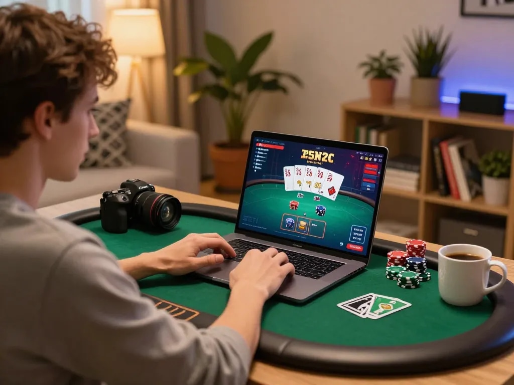 Engaging in strategic online poker gameplay with 78winvina at home.