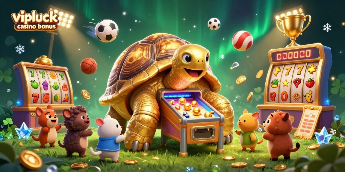 Der vipluck Casino Bonus zeigt eine aufregende 3D-Illustration mit einem goldenen Schildkröten-Pinball-Automaten und Spielautomaten-Elementen.