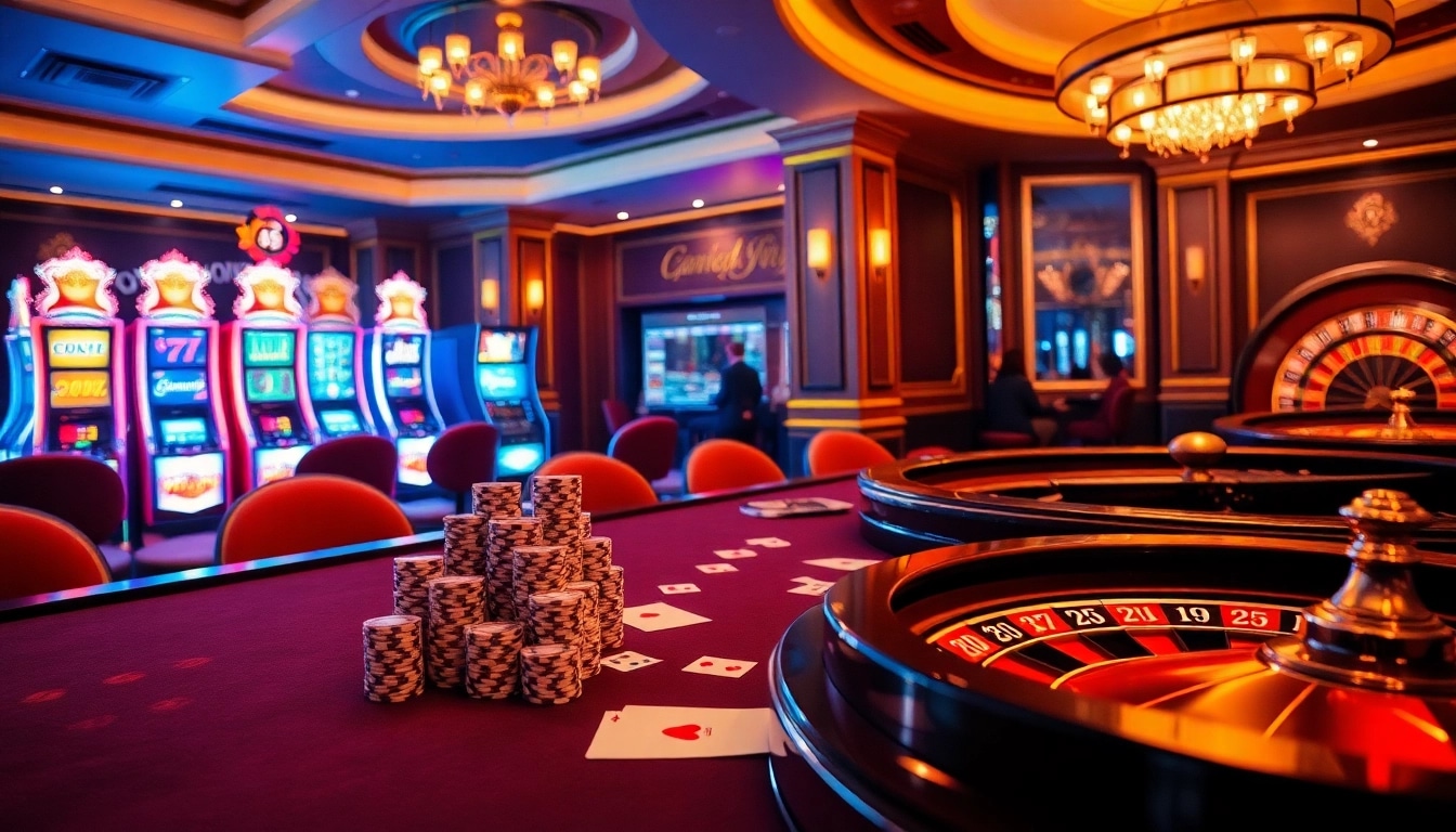 Experience thrilling online gambling action at https://m88zo.com/ with vibrant casino visuals, poker chips, and roulette wheels.