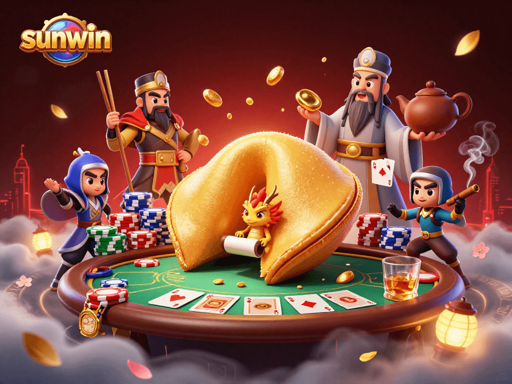 Sunwin's vibrant 3D cartoon illustration shows a golden fortune cookie, a wise dragon, and poker elements.