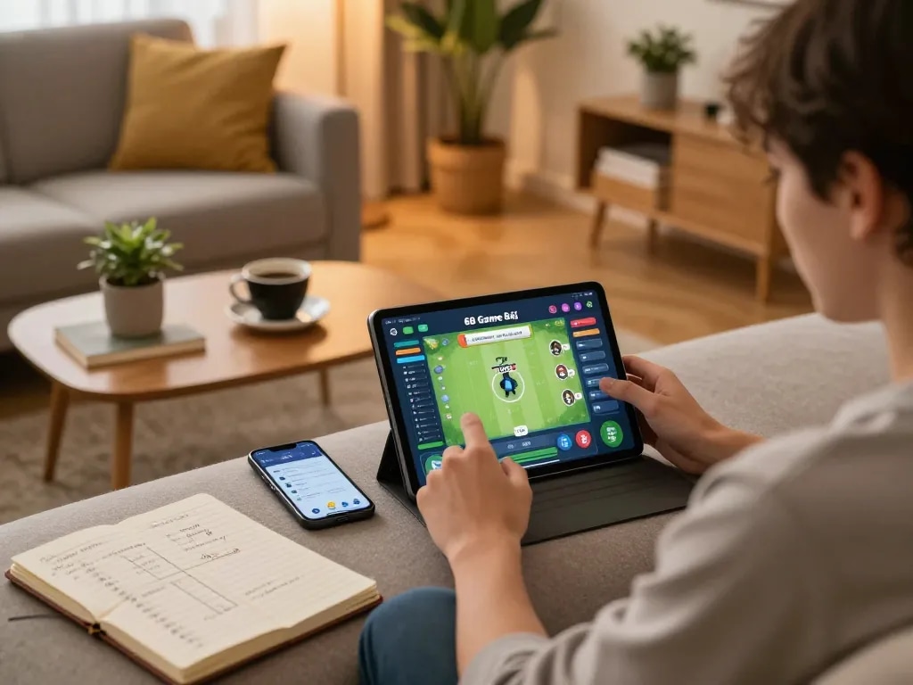 Enjoying a casual gaming session on 68 Game Bài with a tablet in a cozy setting, highlighting responsible gameplay.