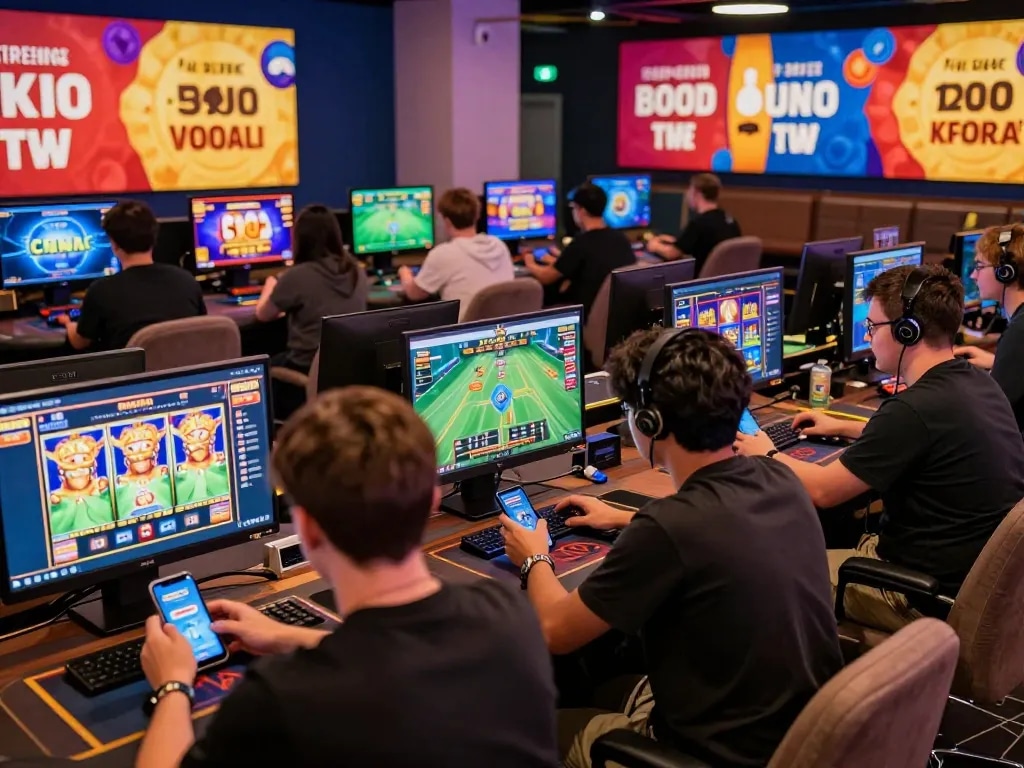 Exciting online gaming experience with Kwin, showcasing diverse players engaging on multiple devices in a vibrant environment.