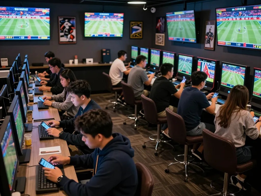 Engaged patrons reviewing tỷ lệ kèo nhà cái hôm nay in a vibrant sports betting lounge with multiple screens.