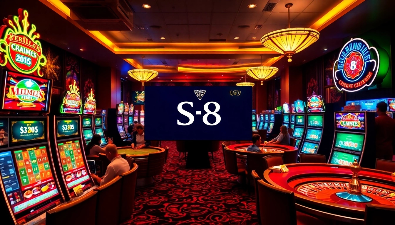 Action-packed gambling scene showcasing S8 gaming with vibrant slot machines and poker tables.