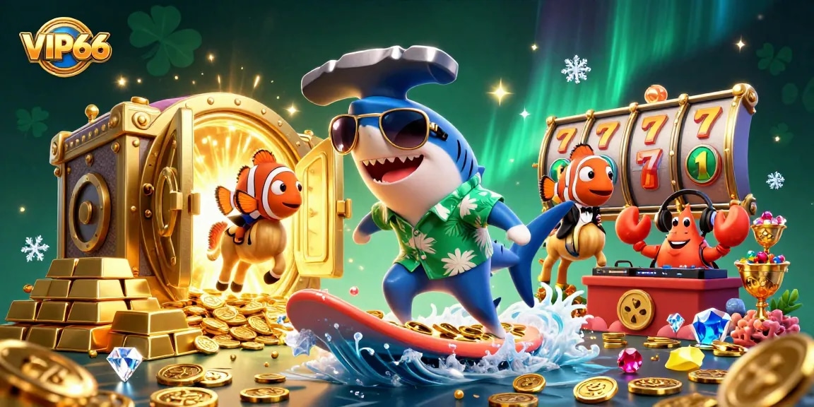 Experience VIP66's vibrant online gaming atmosphere with lively characters and rich casino elements.
