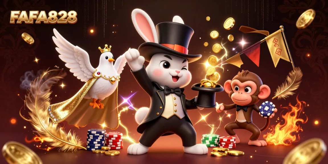 Engage in thrilling games with FAFA828’s vivid scene of magic, coins, and poker action!