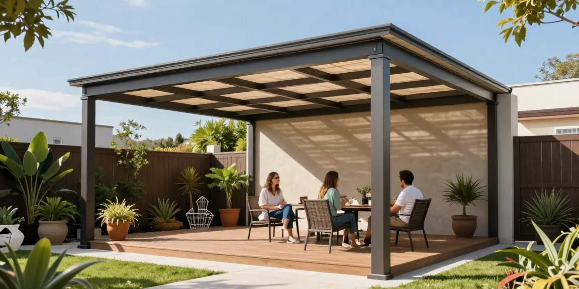 Freistehende Terrassenüberdachung in einem Garten, gemütliches Ambiente mit Paar unter dem Dach.