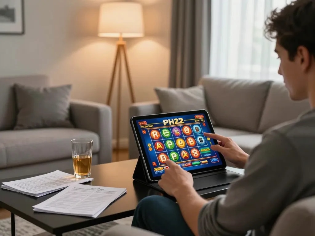 Engaging online gameplay experience on PH22 platform at home with tablet and strategy notes.