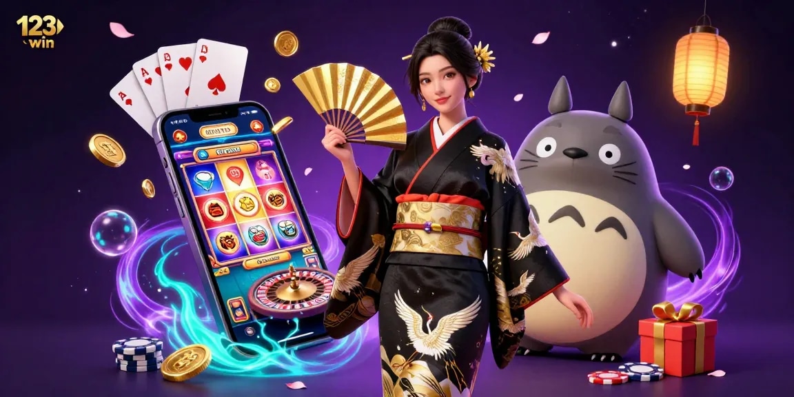 The dynamic illustration of 123win showcases elegant characters and vibrant casino elements, drawing players into the gaming experience.