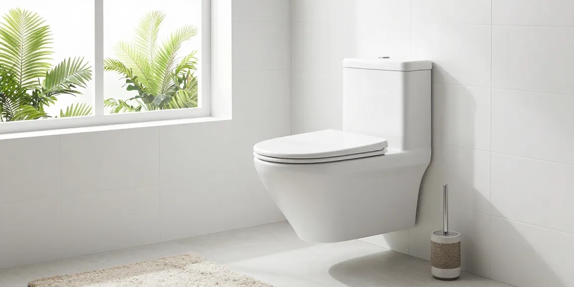Moderne hangende wc pot prachtig geïntegreerd in een lichte badkameromgeving met planten en elegante accessoires.
