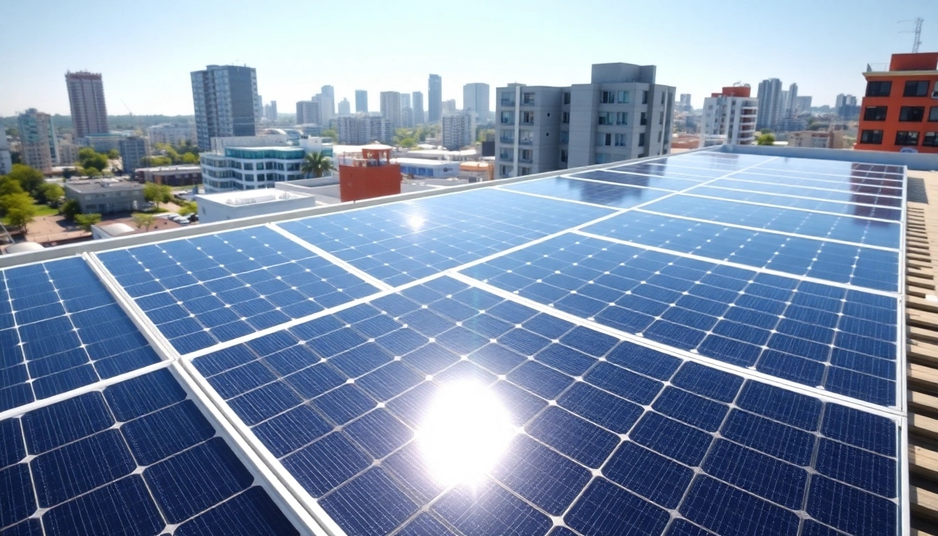 Photovoltaikanlage Kaufen Wien auf einem urbanen Dach, mit sonnigen Wetterbedingungen und klarer Skyline.