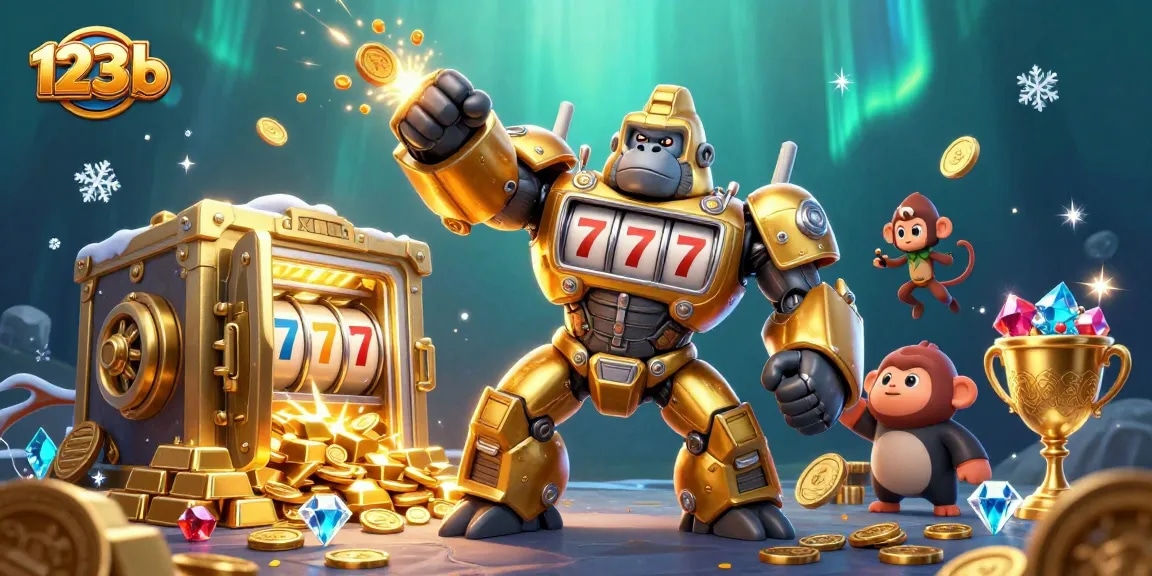 Experience thrilling wins with 123 b's dynamic gaming action featuring golden gorilla mech and riches