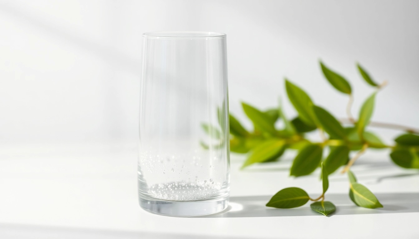 Kolloidales Silber in einer eleganten Glasflasche, umgeben von frischen Blättern auf einem weißen Tisch.