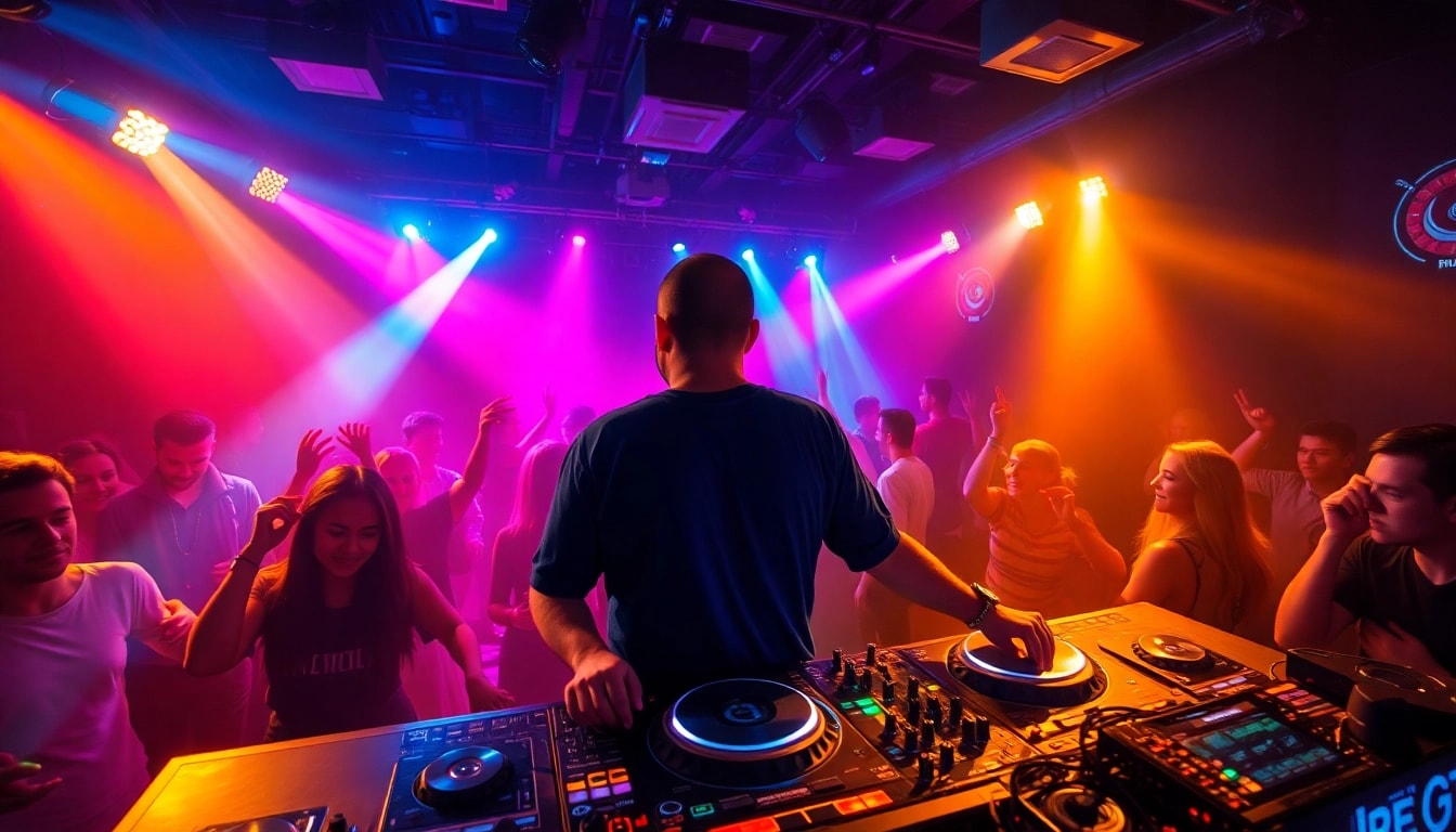 Der DJ in München begeistert die Menge mit energischer Musik in einem lebhaften Nachtclub.