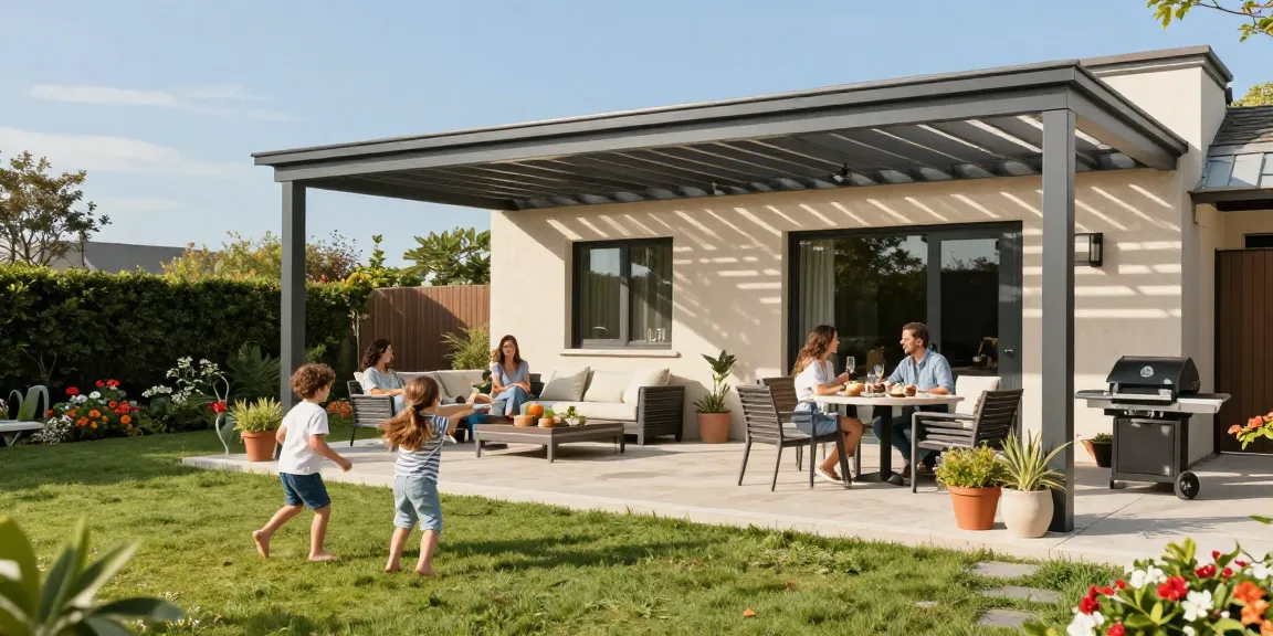 Moderne Terrassenüberdachung aus Aluminium mit Familie im Garten.