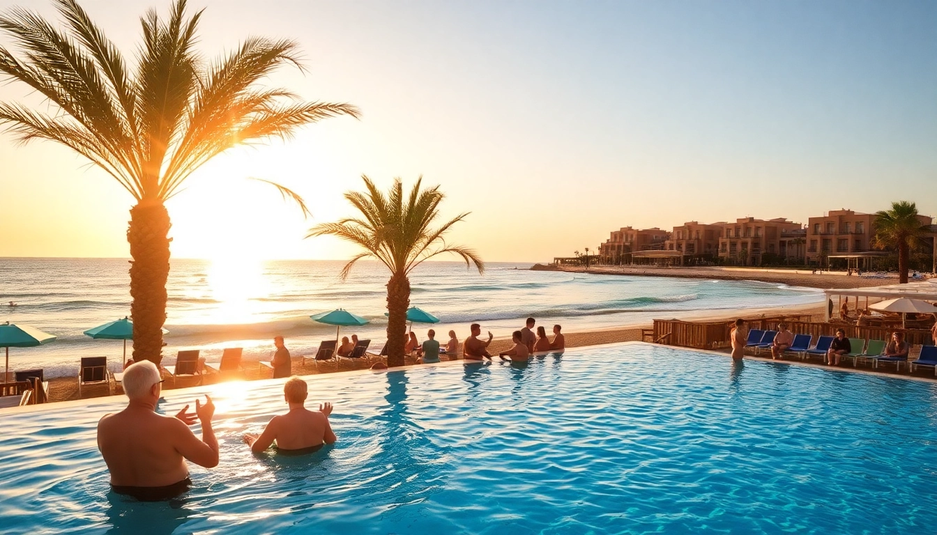 Erleben Sie den traumhaften Strandblick des Iberostar Selection Fuerteventura Palace mit Palmen und einem einladenden Poolbereich bei Sonnenuntergang.