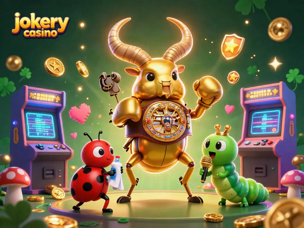 Experience the thrill of jokery casino with a giant beetle and arcade gaming elements.