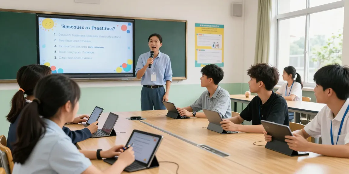Quiz Allgemeinwissen: Schüler in einem interaktiven Quiz-Setting mit Tablets, begeistert im Wettbewerb.