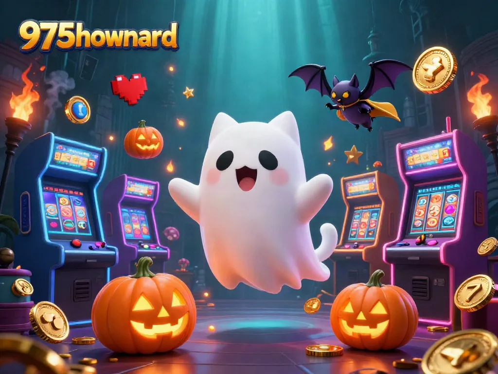 Engage in thrilling slots gameplay at 975howard with a lively 3D ghost cat and vampire bat illustration.
