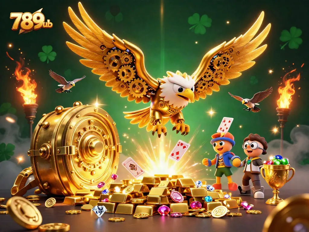 Experience thrilling gameplay with 789club as a golden eagle dives through holographic cards.
