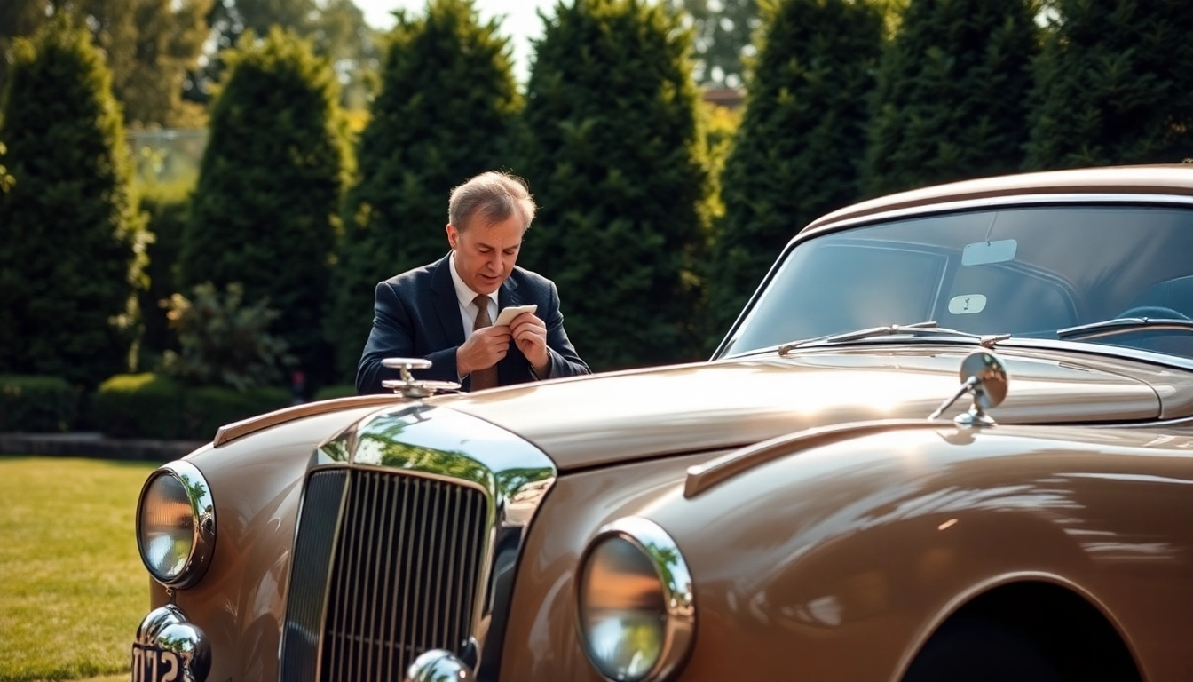 Oldtimer Wertgutachten von einem Experten an einem klassischen Auto in einem Garten.