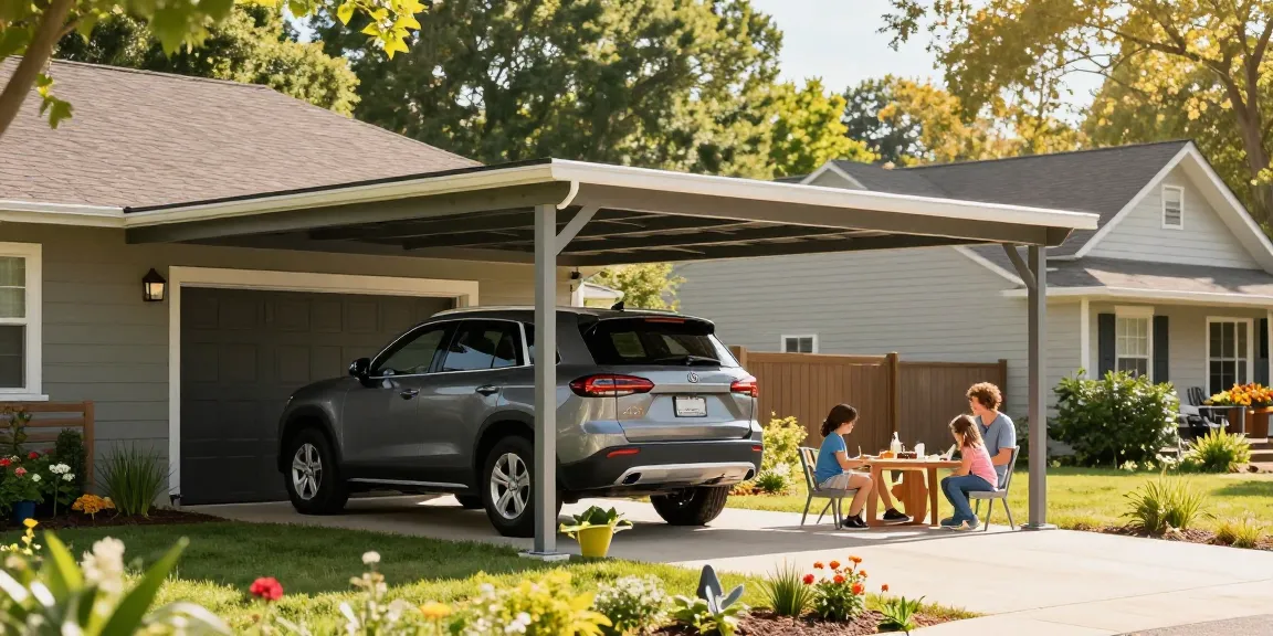Carport-Installation in einem Wohnviertel mit Familienaktivitäten und Garten.